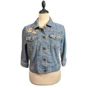 Loft Women's Large 3/4 Sleeve Denim Jean Jacket Floral and Bird Embroidery